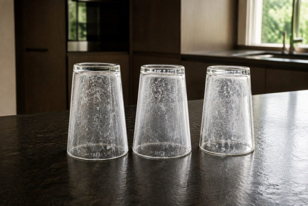 Three clear drinking glasses standing upside down on a dark stone worktop with a chalky white film clouding them, backlit from a window so the film reads clearly against the light.