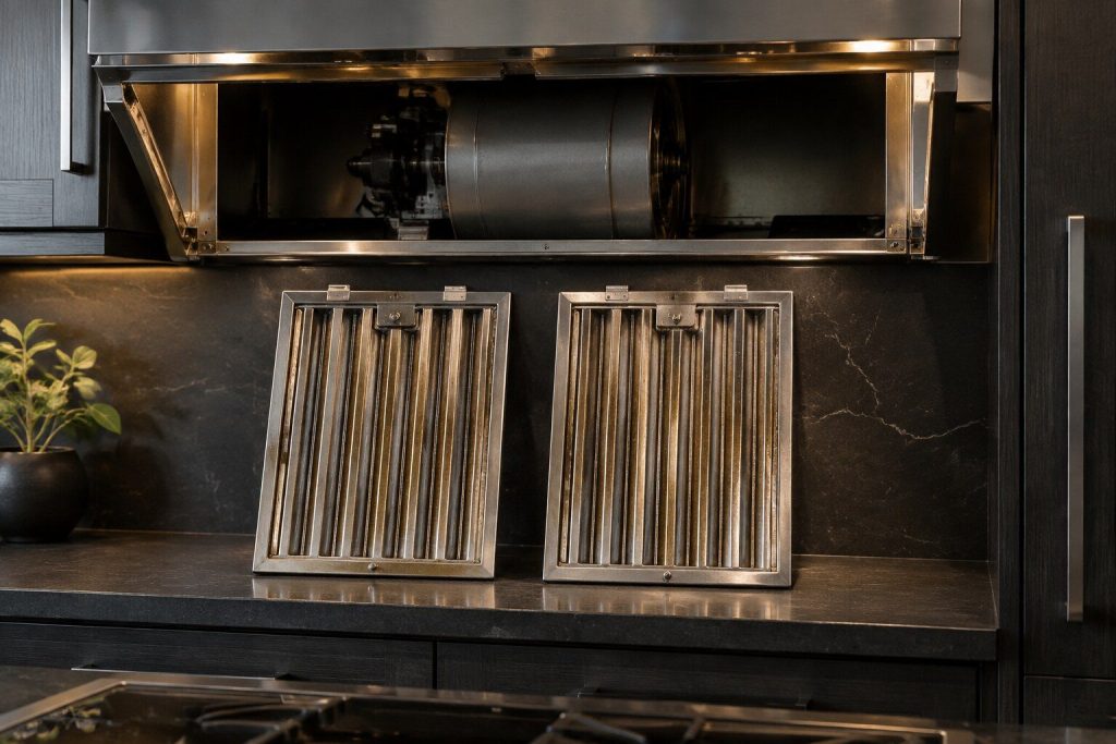 Two steel baffle filters lifted out of an extractor hood and standing on a dark worktop, the hood cavity visible above them with the blower housing behind.
