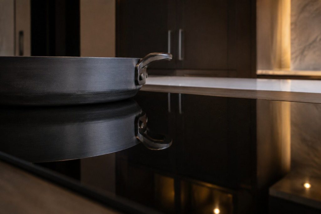 A dark induction glass surface photographed at a low angle with a heavy flat pan standing on one zone and the rest of the glass empty and reflective.