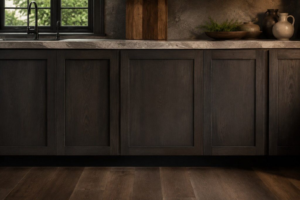 A run of dark kitchen cabinetry photographed straight on in which one door is a fully integrated dishwasher, indistinguishable from its neighbors, closed and unlit.