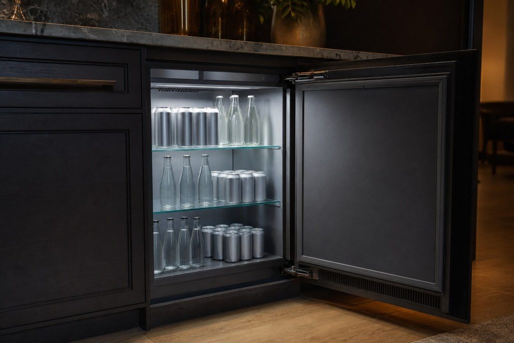 The open door of an undercounter beverage cabinet in a dark bar run, glass shelves of unlabeled cans and bottles, a narrow grille along the bottom of the door.