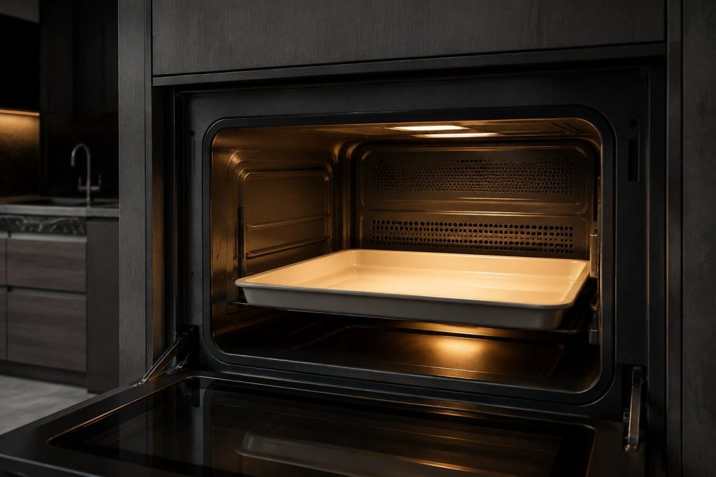 The inside of a compact built-in speed oven with halogen lamps glowing warm above and below an empty ceramic tray, door open, dark kitchen beyond.