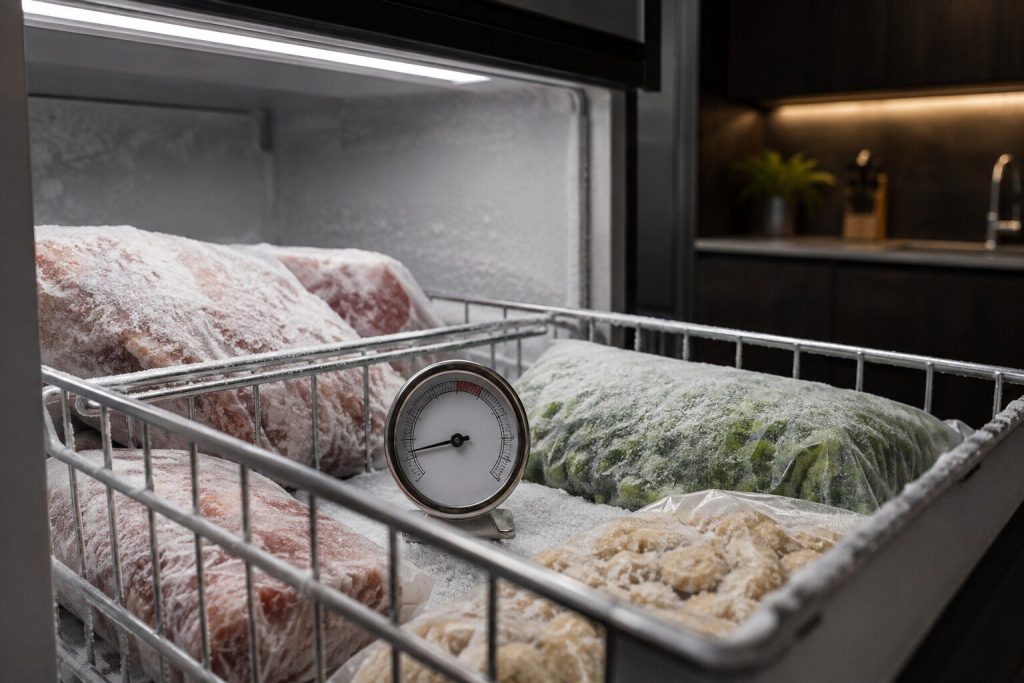 A small round dial thermometer standing among frozen items in the wire basket of a tall freezer column, cold light from above.