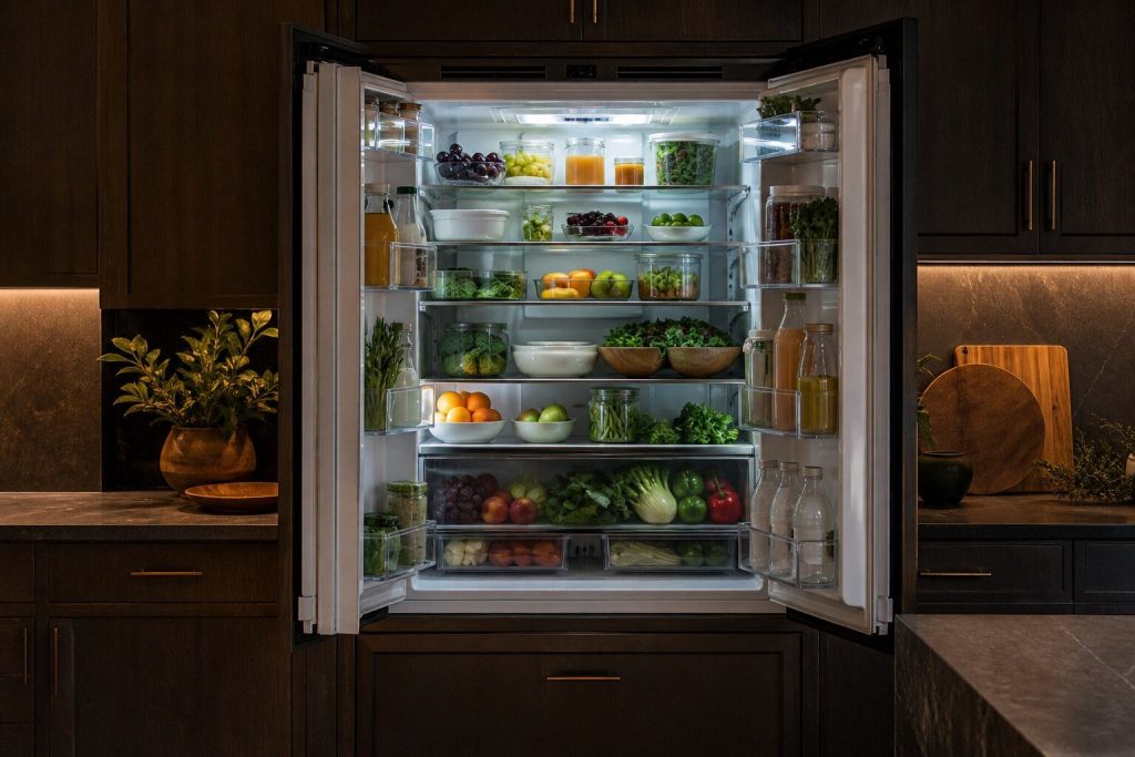 The open interior of a tall built-in refrigerator seen straight on in a dark kitchen, shelves of unlabeled food, the light on and a faint sheen of condensation on the glass shelves.