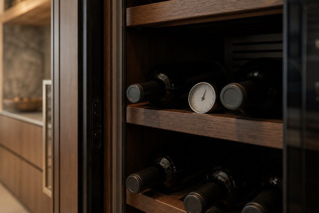 Wine bottles lying on the wooden shelves of a built-in wine cabinet, seen through the open door in soft interior light, with a small dial thermometer resting between two of them.